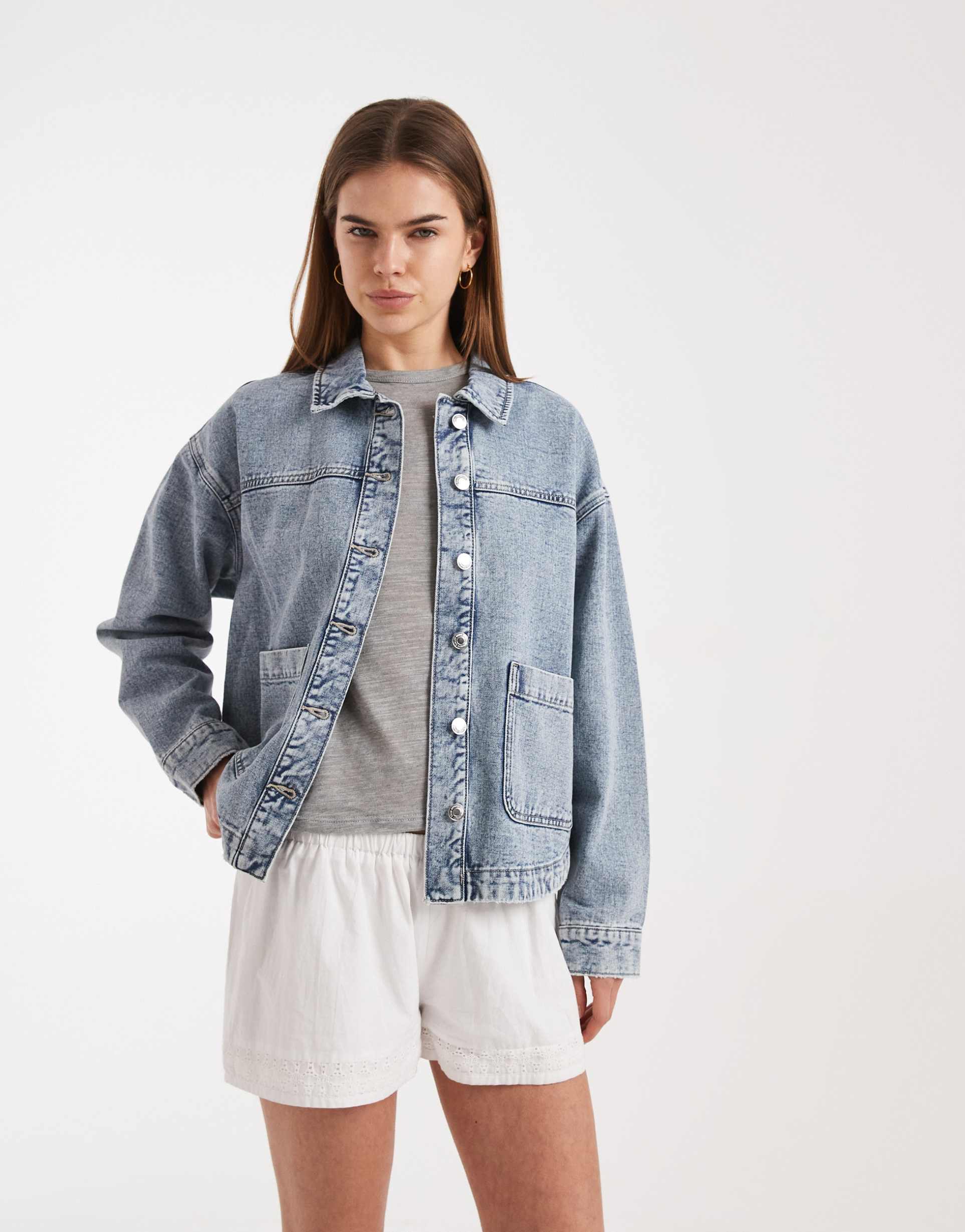 vero moda denim shacket with front pockets in light blue wash