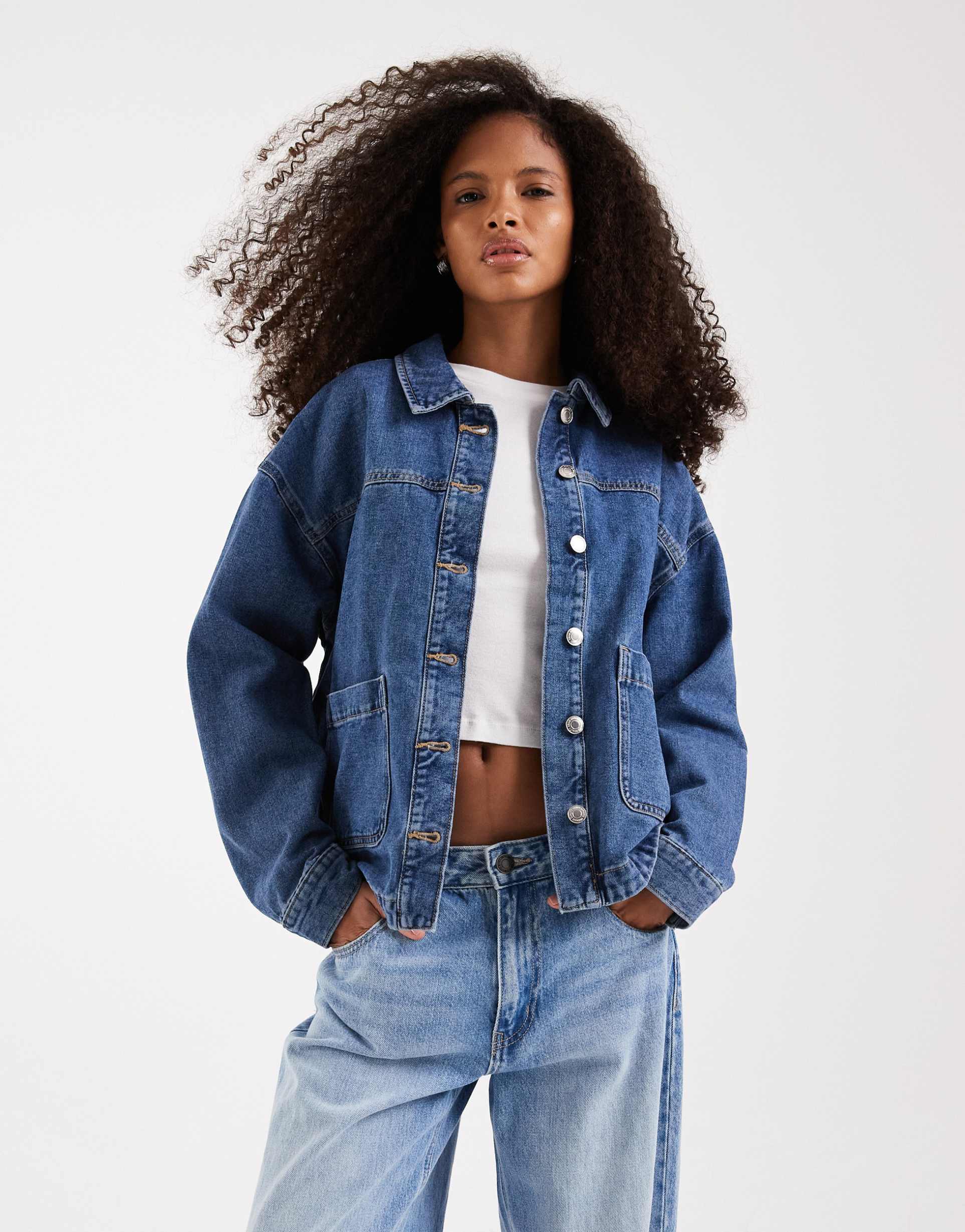 vero moda denim shacket with front pockets in light blue wash