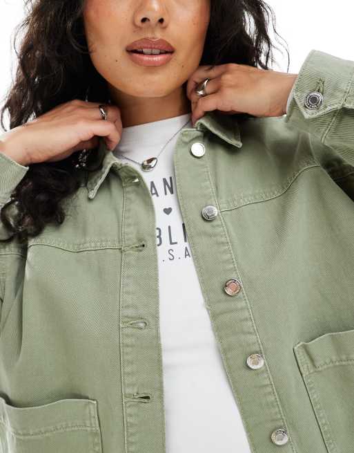 Vero Moda denim shacket with front pockets in washed khaki green, 3 of 4