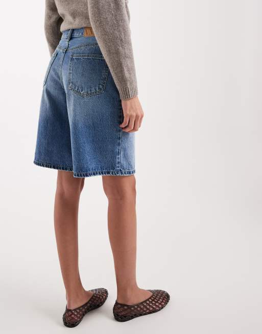 Vero Moda - Denim short met lange pasvorm en wijde pijpen in middenblauw denim, 4 van 5
