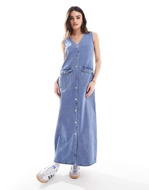 Vero Moda denim sleeveless button through maxi dress in blue | ASOS