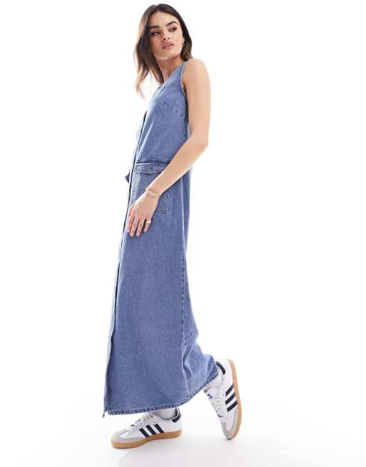 Vero Moda denim sleeveless button through maxi dress in blue | ASOS