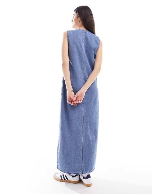 Vero Moda denim sleeveless button through maxi dress in blue, 4 of 4