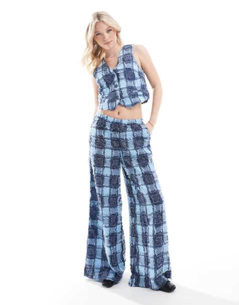 Vero Moda – Denimblå, rutiga byxor med struktur och vida ben, del av set - view 1