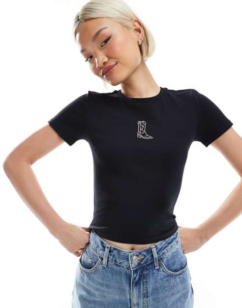 Vero Moda diamante western boot graphic baby tee in black - view 1