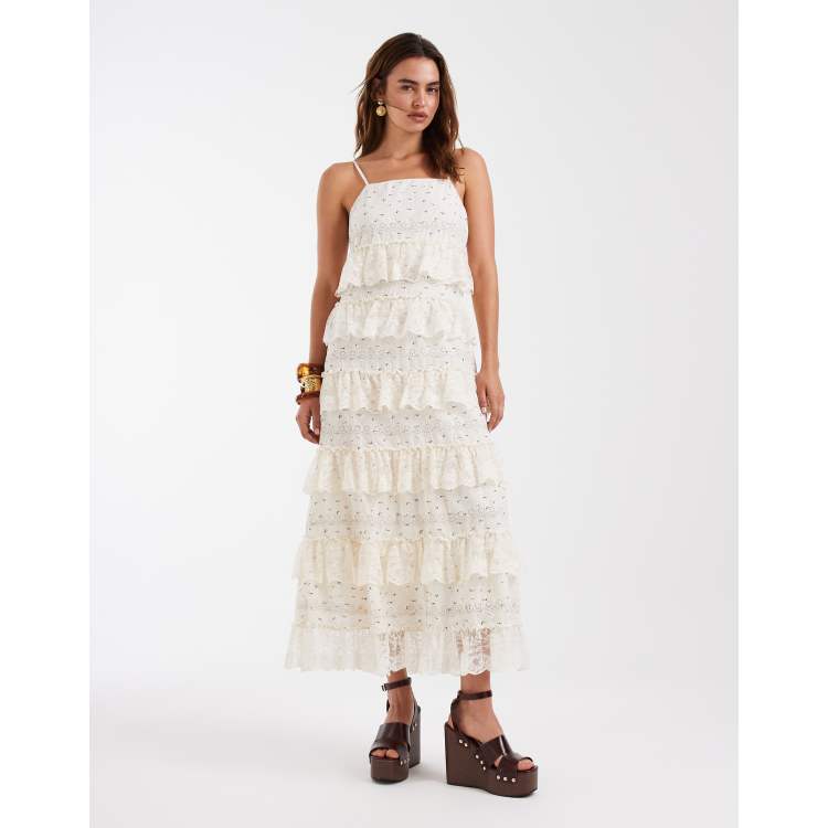 chinese dress ladies NUFIWI Women White Tiered Cami Long Dress Lace Trim Ruffle Flowy Maxi Dress  Sleeveless Swing High Waist Aline Sundress (Fairy White, S) at Amazon  Women's Clothing store