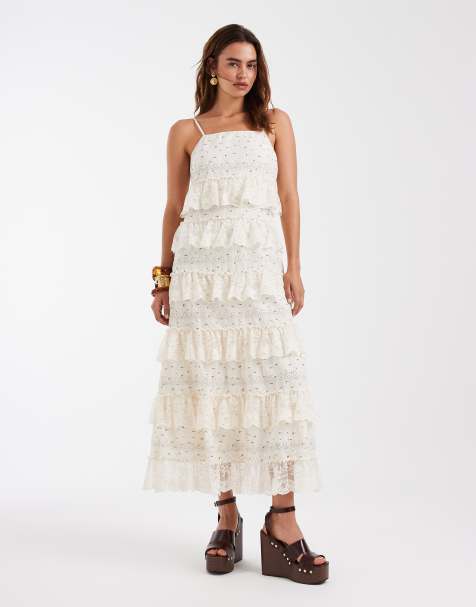Vero Moda disty floral printed cotton cami maxi dress with tiered lace trim in cream