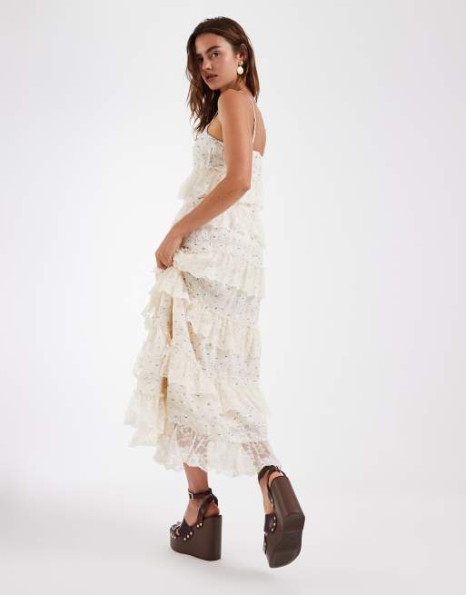 Vero Moda disty floral printed cotton cami maxi dress with tiered lace trim in cream, 4 of 4