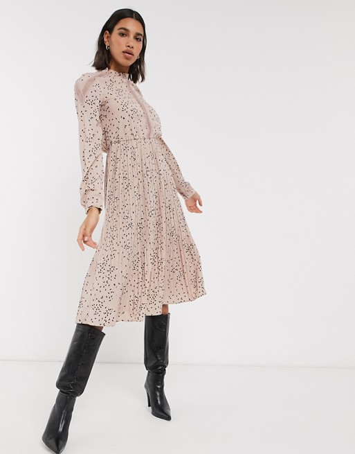 Vero Moda pleated midi dress with lace insert in pink ditsy PRINT