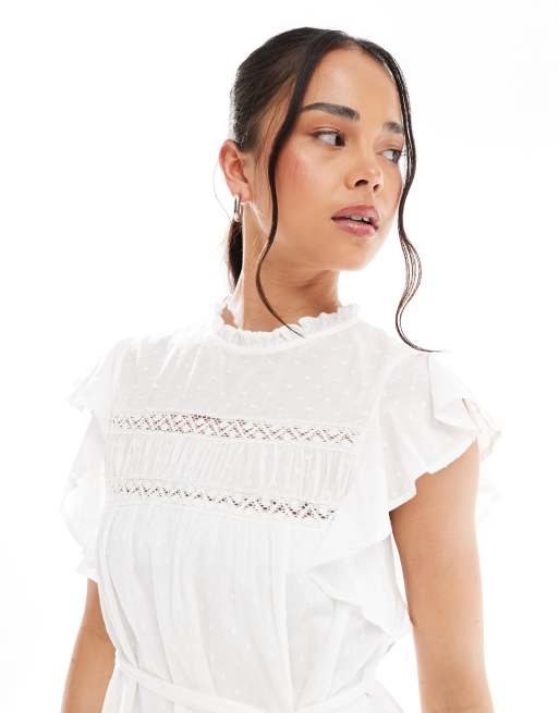 Vero Moda dobby mini dress with self tie in white, 3 of 4