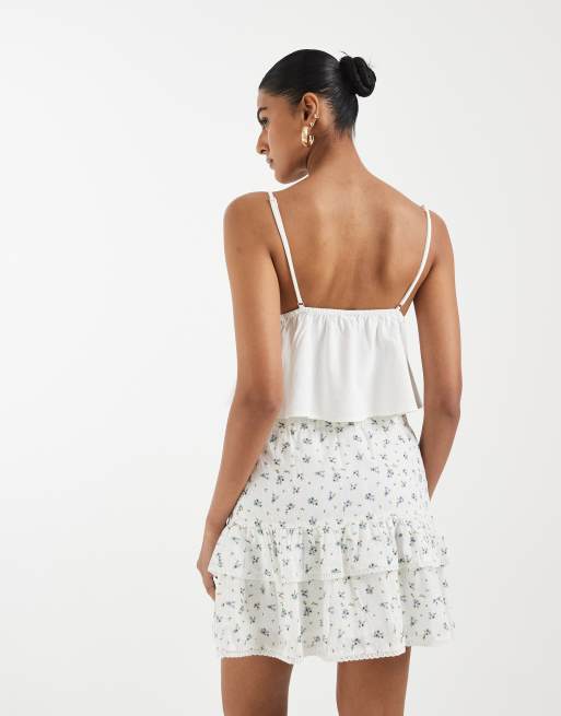 Vero Moda dobby texture ruffle lace trim mini skirt in white and blue floral print, 5 of 5