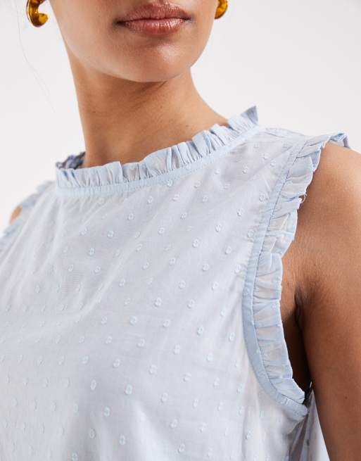 Vero Moda dobby texture ruffle trim sleeveless top in light blue, 3 of 4