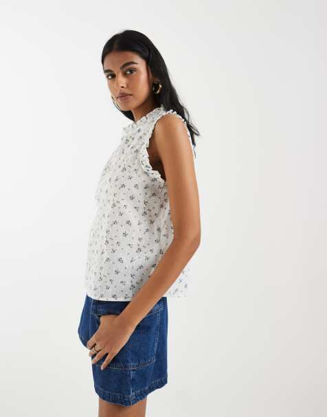 Vero Moda dobby texture ruffle trim sleeveless top in white and blue floral print - view 1