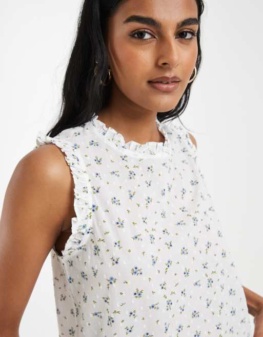 Vero Moda dobby texture ruffle trim sleeveless top in white and blue floral print, 3 of 4