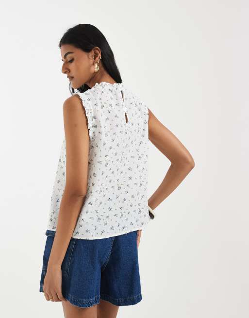 Vero Moda dobby texture ruffle trim sleeveless top in white and blue floral print, 4 of 4