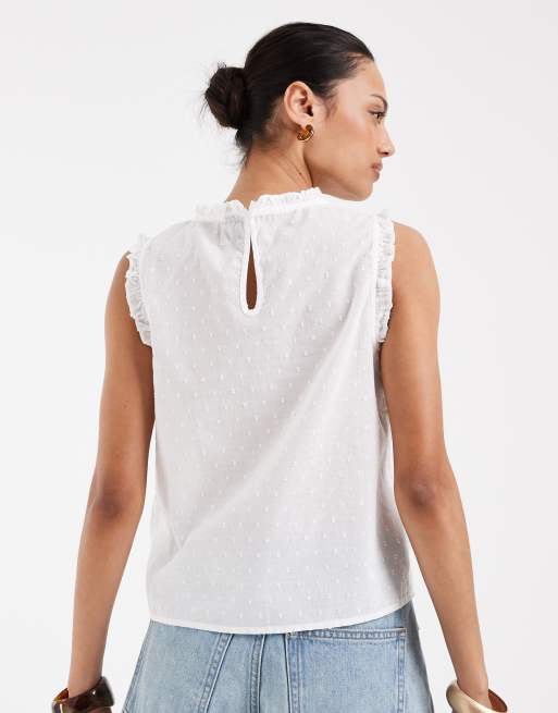 Vero Moda dobby texture ruffle trim sleeveless top in white, 4 of 4