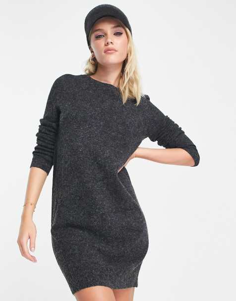 Vero Moda Doffy ribbed crew neck long sleeve relaxed fit mini dress in black - view 1