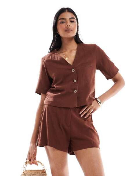 Vero Moda linen touch tailored short co-ord in chocolate