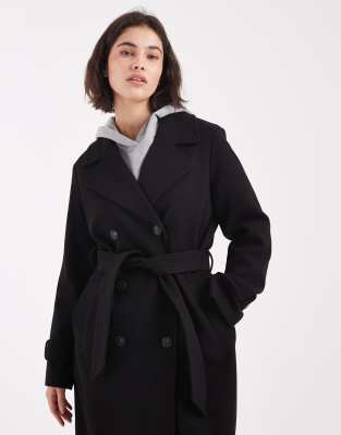 Vero Moda Double Breasted Belted Midi Coat In Black