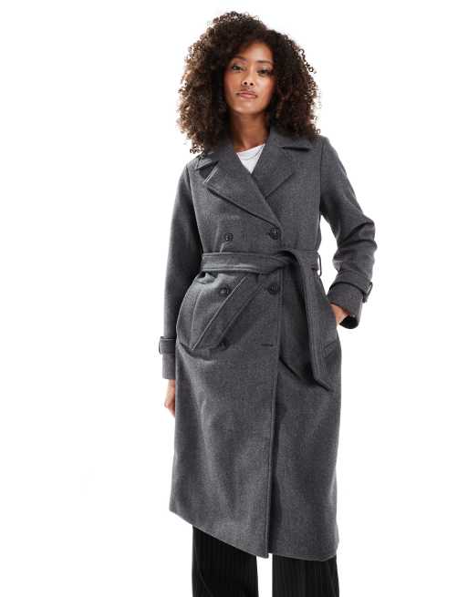 Vero Moda double breasted belted midi coat in dark grey melange, 2 of 4