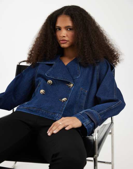 Vero Moda double breasted cropped trench coat in dark blue denim, 2 of 4