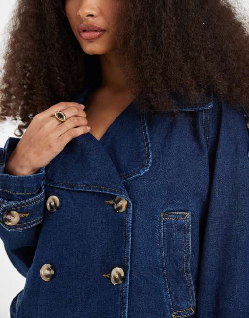 Vero Moda double breasted cropped trench coat in dark blue denim, 3 of 4