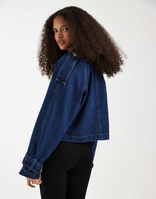 Vero Moda double breasted cropped trench coat in dark blue denim, 4 of 4
