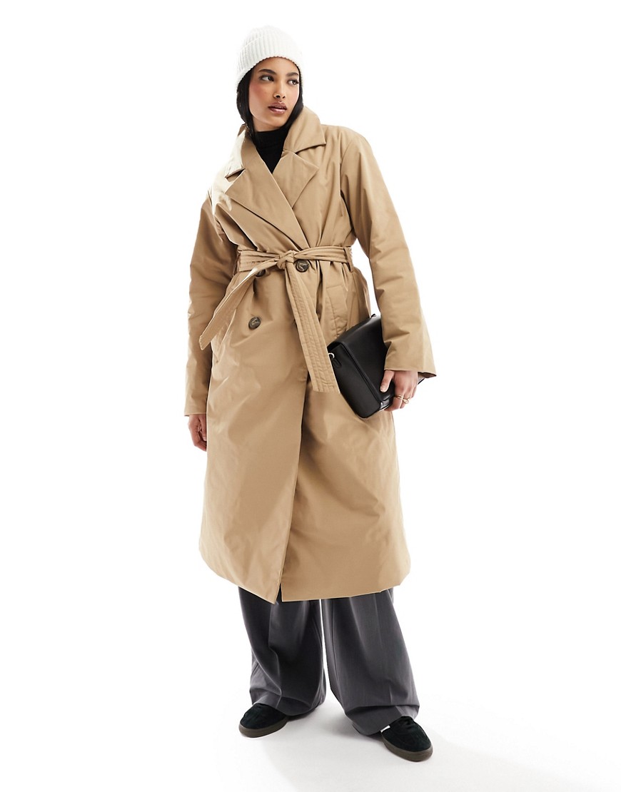 Vero Moda double breasted longline trench coat with quilted liner in stone-Neutral