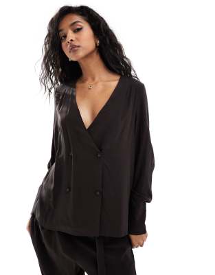 Vero Moda Double Breasted Satin Shirt In Brown