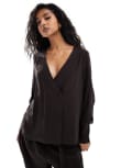 [Vero Moda] Vero Moda double breasted satin shirt in chocolate (part of a set)-Brown S Chocolate torte