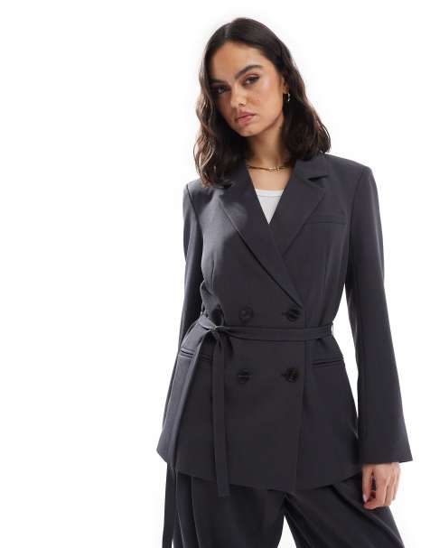 Vero Moda double breasted tie waist blazer co-ord in dark grey - view 1