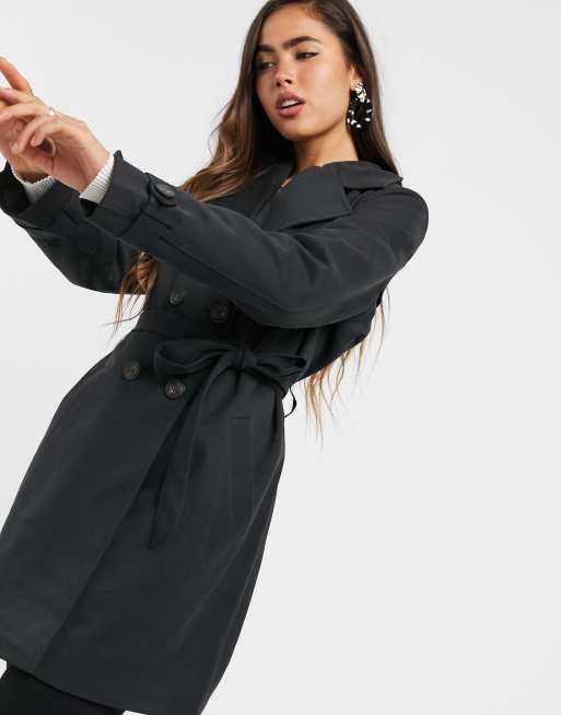 en milliard Forinden Samle Vero Moda double breasted trench coat with tie belt in black | ASOS