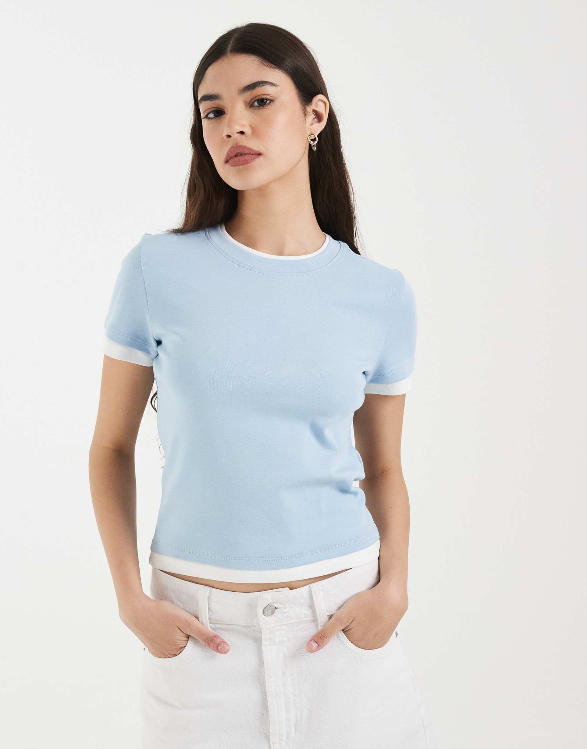 vero moda double layer binding detail t-shirt in blue and white