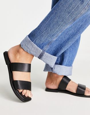 double strap leather sandals in black