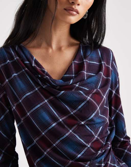 Vero Moda drape front long sleeve top co-ord in burgundy and blue check print, 3 of 4