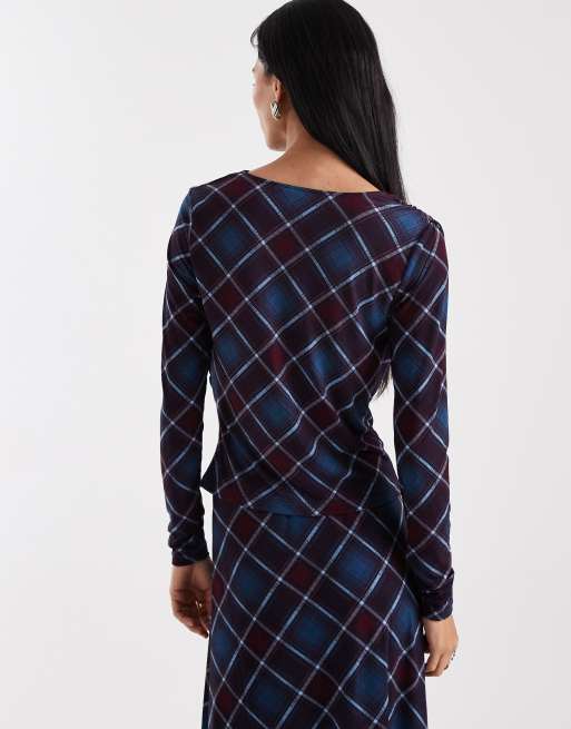 Vero Moda drape front long sleeve top co-ord in burgundy and blue check print, 4 of 4