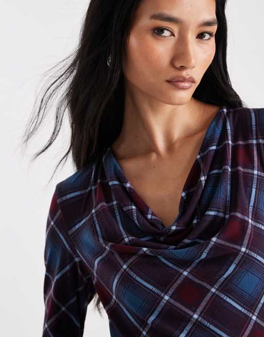 Vero Moda drape front ruched side maxi dress in burgundy and blue check print, 2 of 4