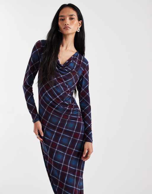 Vero Moda drape front ruched side maxi dress in burgundy and blue check print, 4 of 4