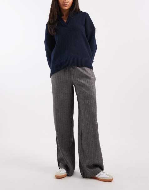Vero Moda drawstring waist wide leg dad pant in grey marl pinstripe - view 1