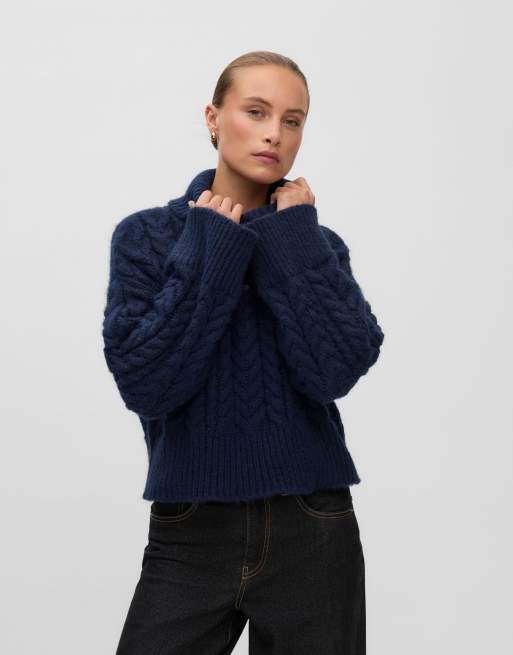 Vero Moda Dream maglione lavorato a maglia oversize a coste con dolcevita e spalle scese, blu navy, 3 di 6