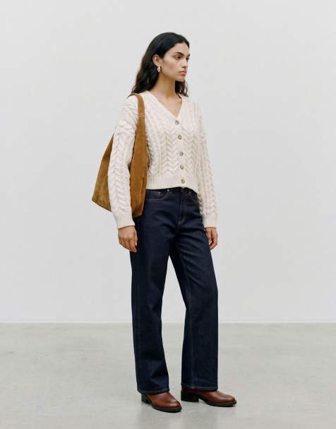Vero Moda Dream ribbed v-neck knitted drop shoulder cardigan in beige - view 1