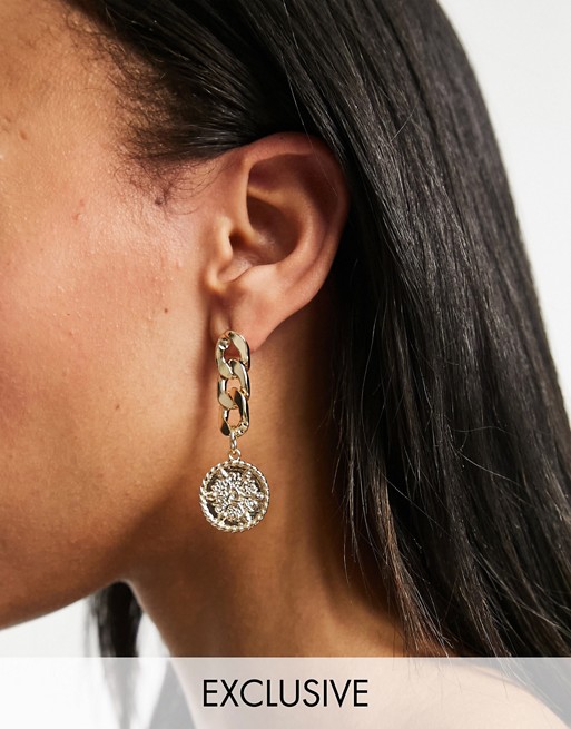 Vero Moda exclusive drop chain earrings with coin in gold