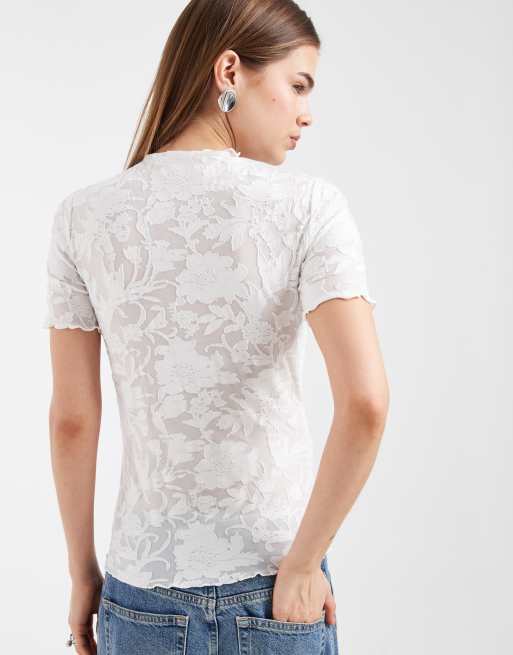 Vero Moda – Durchscheinendes T-Shirt in Weiß mit Ausbrenner-Blumenmuster, 3 von 4