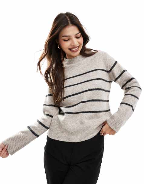 Vero Moda oversized knitted jumper in stone and grey stripe