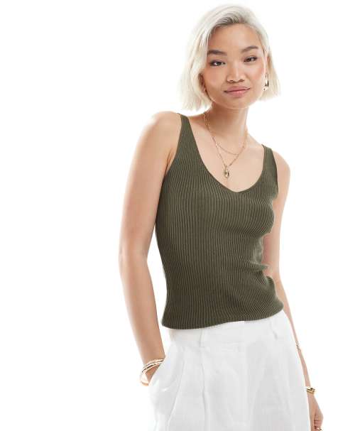 Vero Moda – Dzianinowy top z dekoltem w szpic w kolorze khaki - view 1