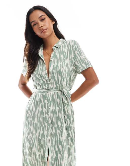 Vero Moda Easy buttondown long shirt dress in abstract green print, 3 of 4