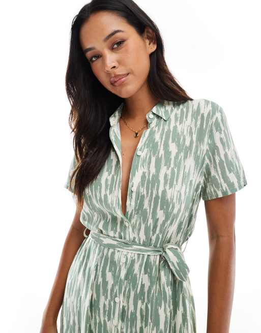 Vero Moda Easy buttondown long shirt dress in abstract green print, 4 of 4