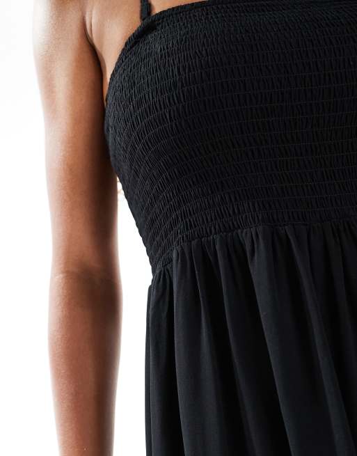 Vero Moda – Easy – Gesmoktes, knöchellanges Trägerkleid in Schwarz, 2 von 4