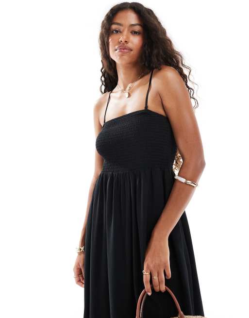 Vero Moda – Easy – Gesmoktes, knöchellanges Trägerkleid in Schwarz, 3 von 4