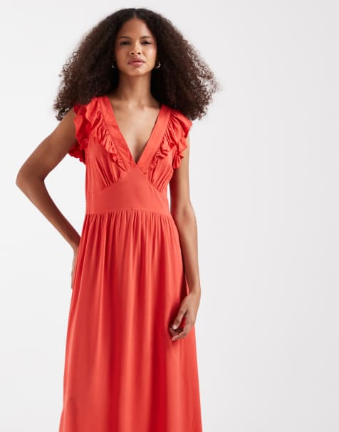 Vero Moda – Easy Joy – Koralowa sukienka midi z głębokim dekoltem i falbankami na ramionach - view 1